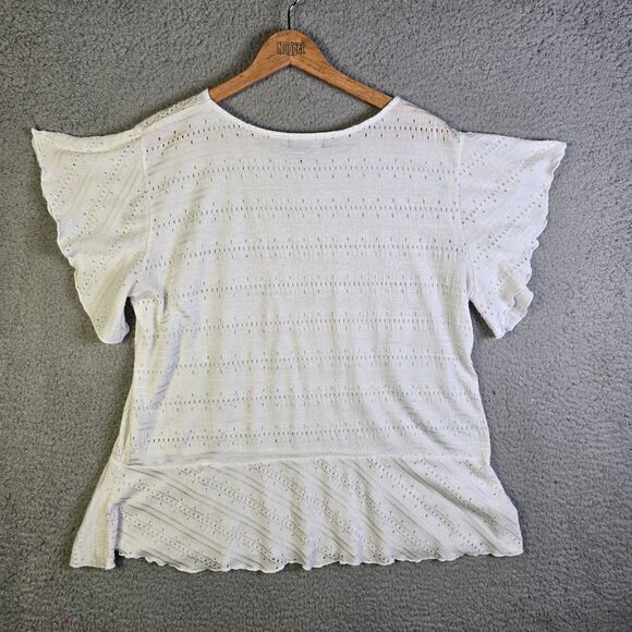SML Sport Large White Eyelet Knit Ruffle Peplum Flutter Sleeve Summer Top Shirt - Picture 3 of 8